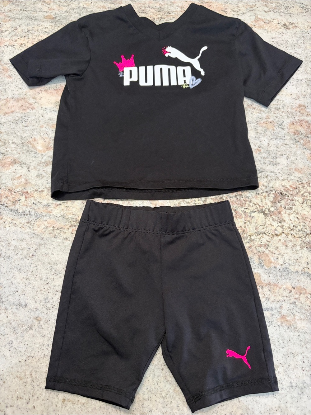 10/$30 Puma Black Tee & Black Bike Shorts with Pink Accents